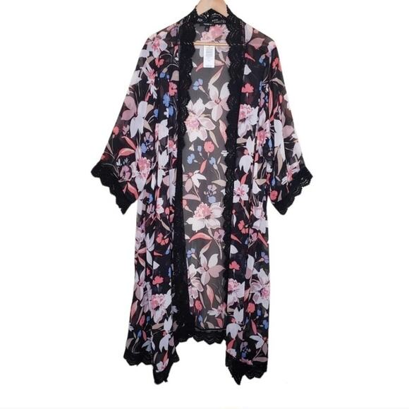 Torrid crocheted lace trimmed floral Chiffon kimono duster plus size 1X 2X - Picture 4 of 13